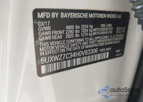 2017 BMW X3 Sdrive28I z USA, uszkodzony, nr VIN 5UXWZ7C34H0V93306